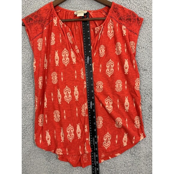 Lucky Brand XS Orange Blouse Top Geometric Tapestry Design Lace Window Shoulder - Picture 10 of 11